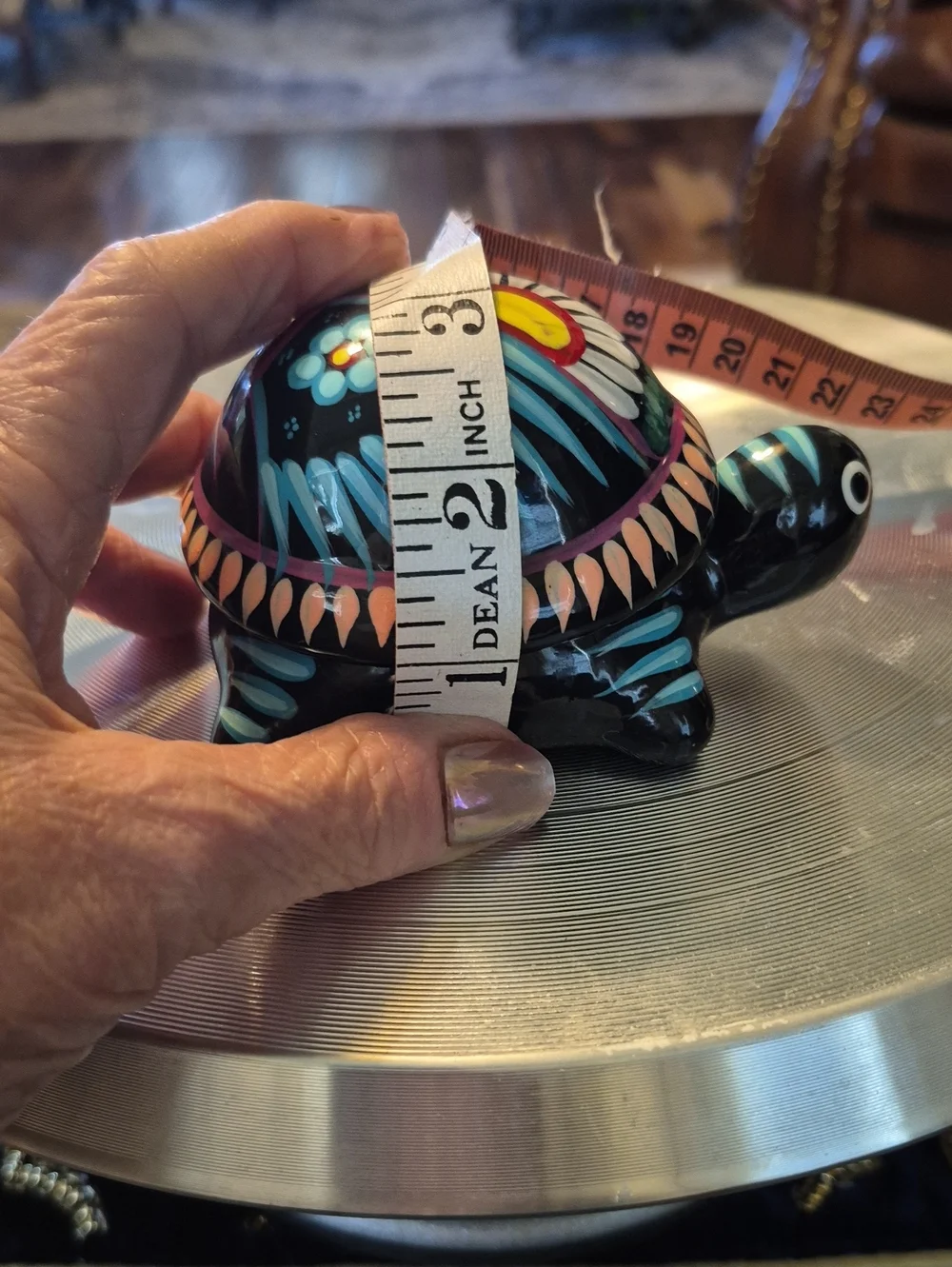 Minature Colorful Turtle Trinket Box.TalaVera From Mexico Flowers And Bird Motif